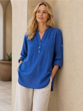 HIHO Royal‎ Blue Linen Blouse S